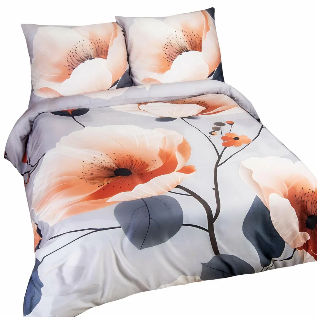 Pościel satynowa 160x200 Kwiaty szara morelowa 12409 SATYNLOVE PREMIUM