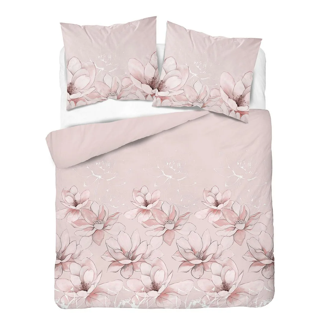 Pościel satynowa 160x200 różowa w duże kwiaty magnolii - 5802 B - Satynowa Harmonia