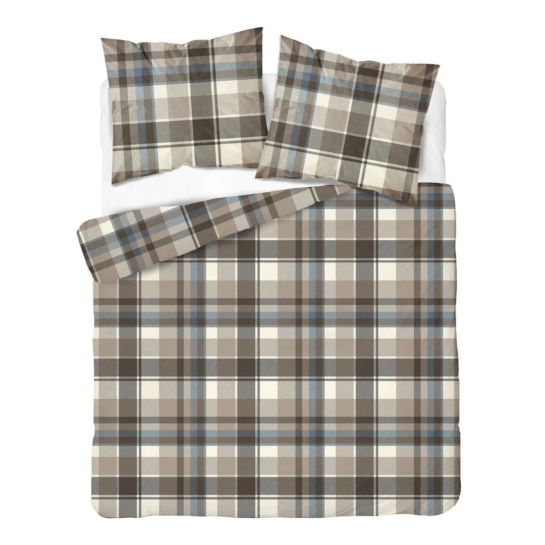 Pościel satynowa 180x200 beżowa brązowa szara w kratę - 6072 B - Home Satin