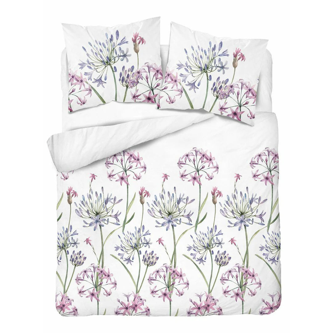 Pościel satynowa 220x200 biała w kwiaty fioletowo-różowe – 5809 A – Botanica Satin