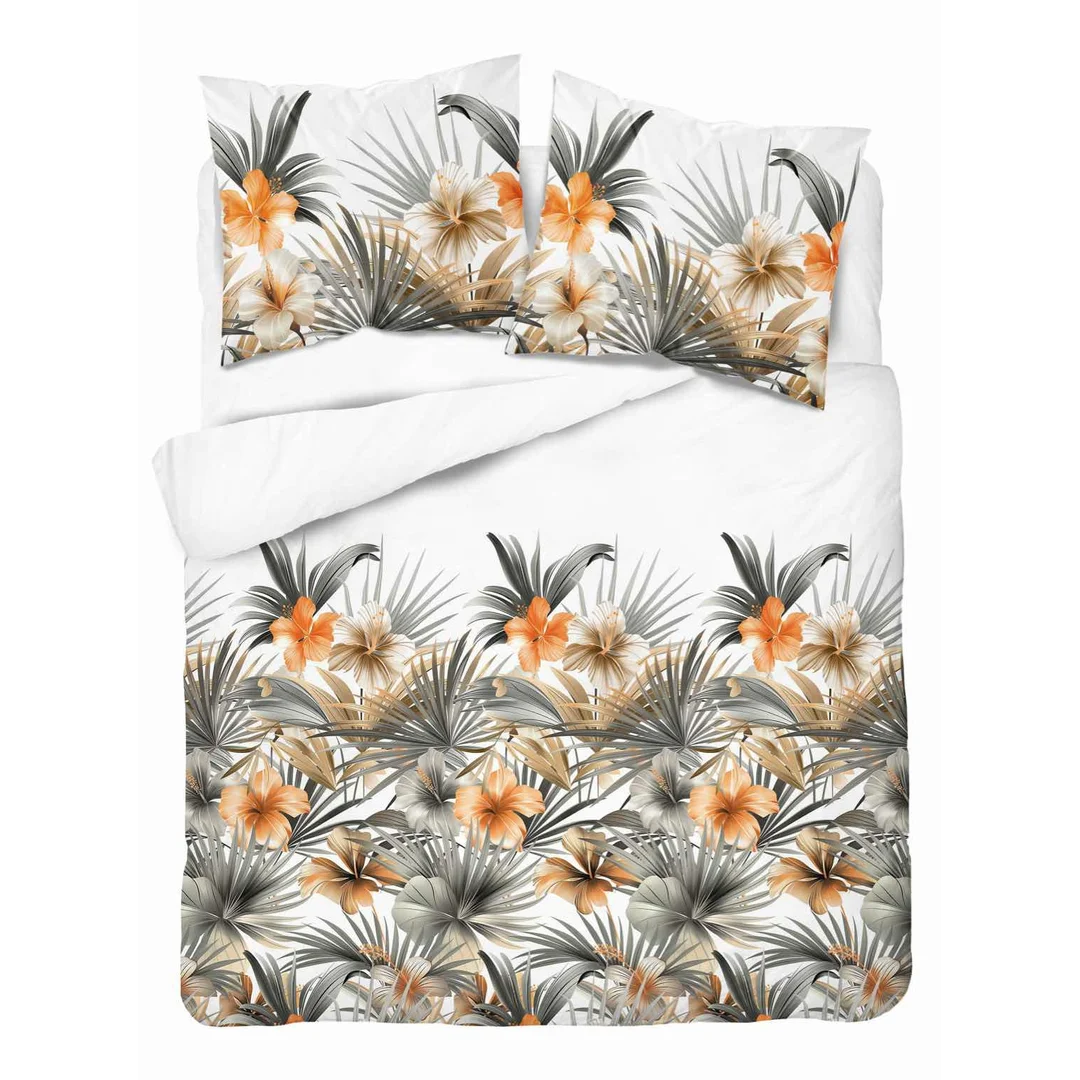 Pościel satynowa 220x200 Biała w pomarańczowe kwiaty i palmy – styl tropikalny, 100% bawełna - 5479 A - Home Satin 71