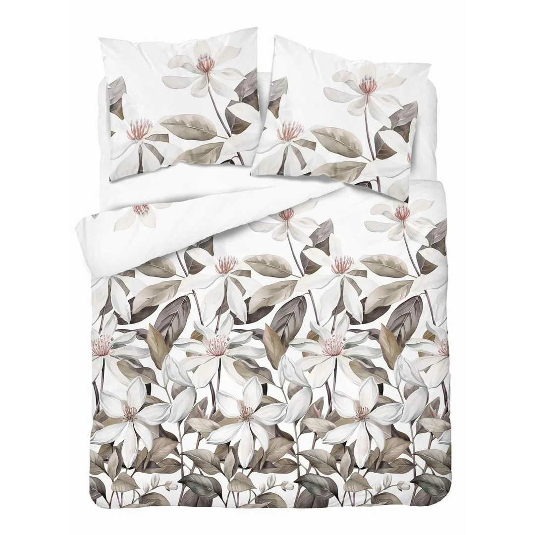 Pościel satynowa 220x200 Biała z beżowymi liśćmi i kwiatami – naturalna elegancja, 100% bawełna - 5481 B - Home Satin 71