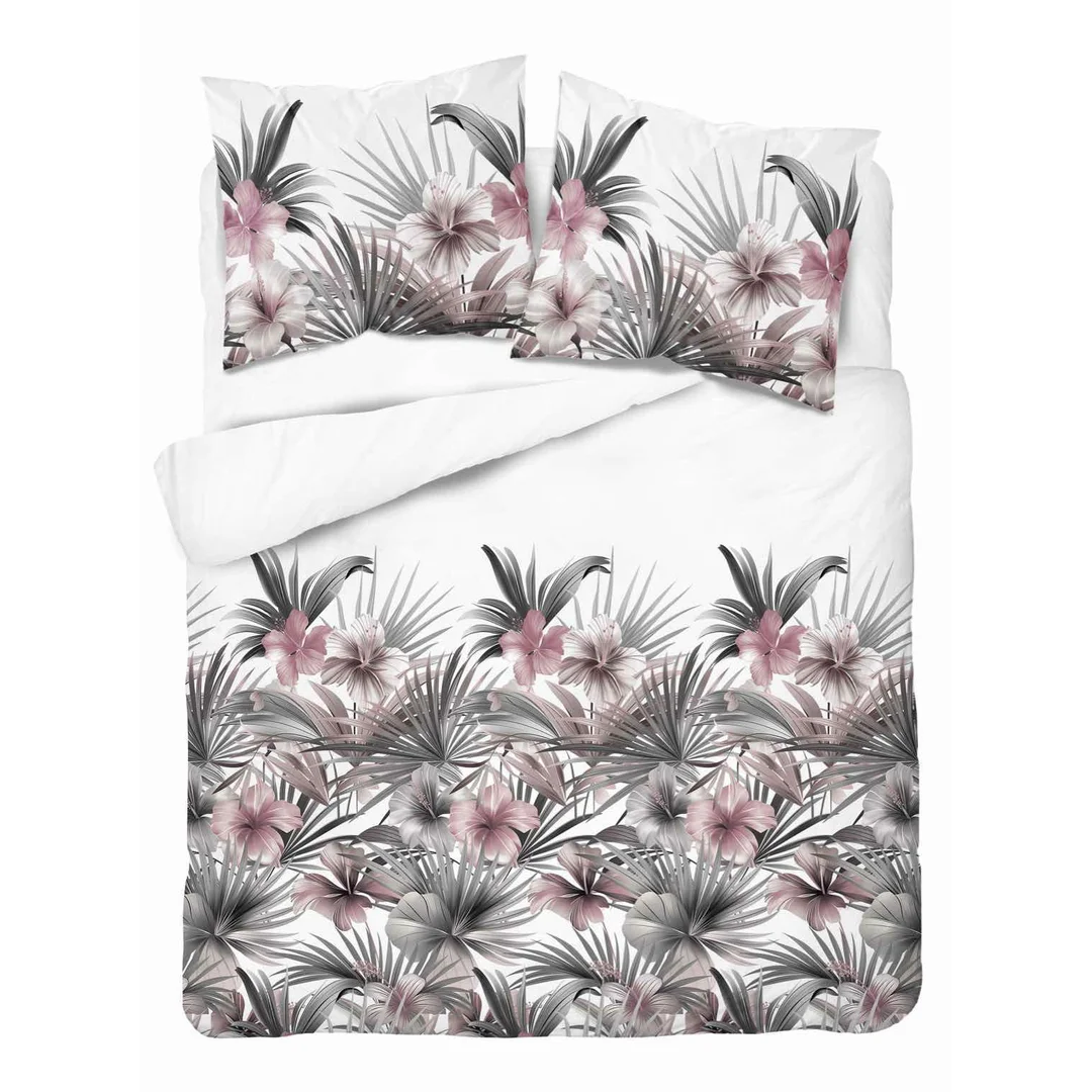 Pościel satynowa 220x200 Biała z liśćmi palmowymi i różowymi hibiskusami – styl tropikalny, 100% bawełna - 5479 B - Home Satin 71