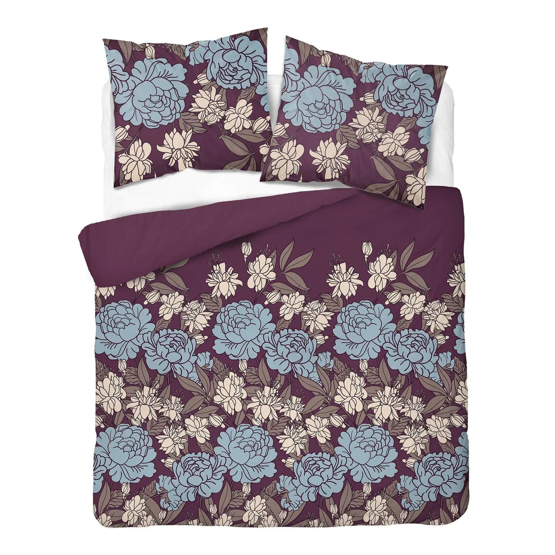 Pościel satynowa 220x200 bordowa w niebieskie beżowe kwiaty - 6065 B - Home Satin