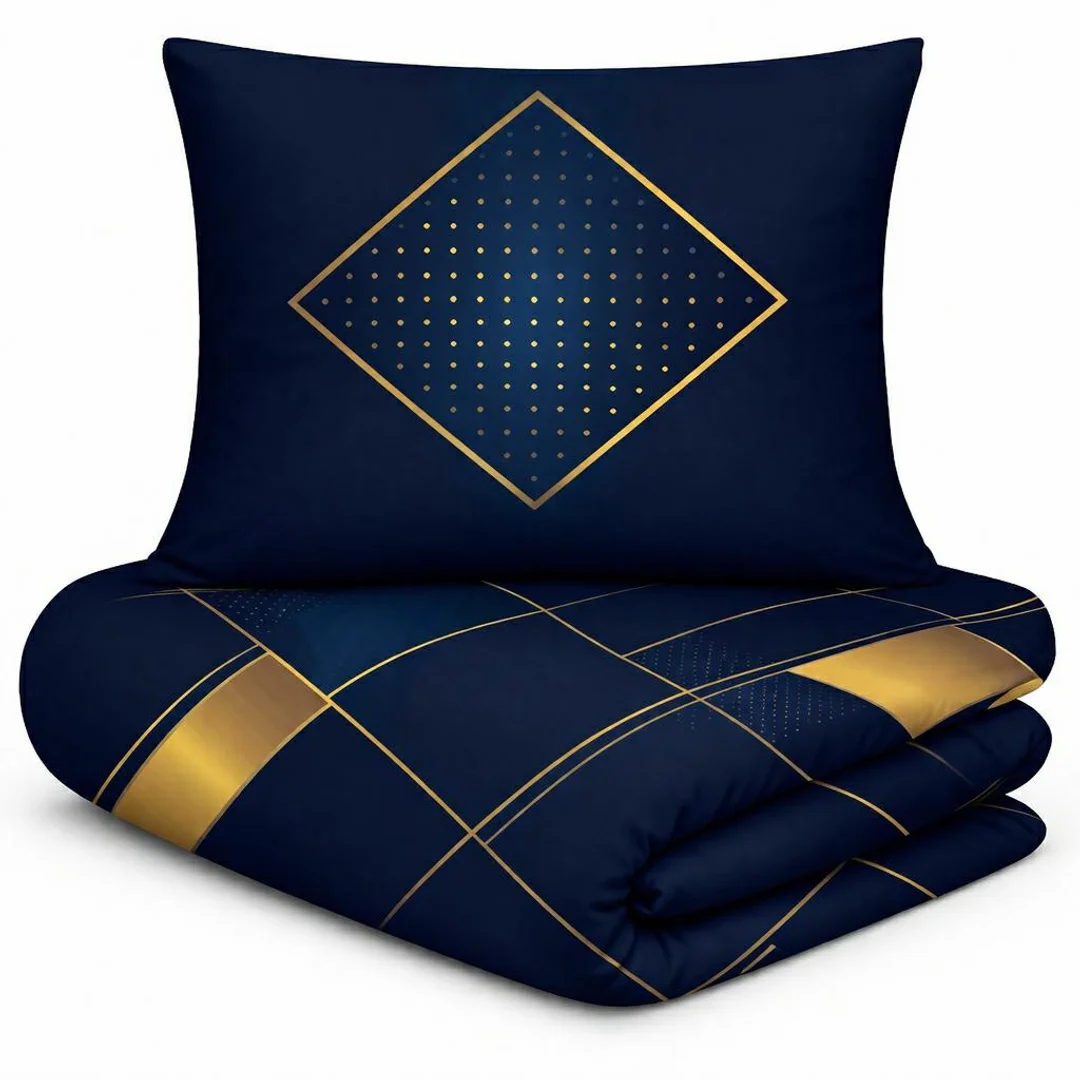 Pościel satynowa 220x200 granatowa złota geometria Prestige 1