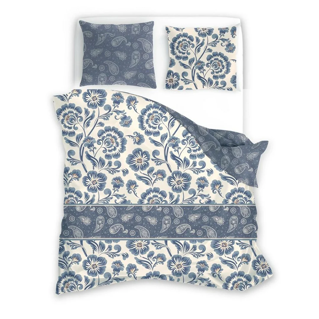 Pościel satynowa 220x200 Pure Sateen 008 kremowa niebieska kwiaty Faro