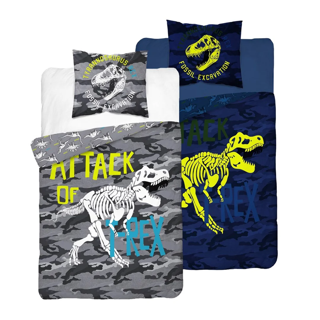 Pościel świecąca w ciemności 140x200 Dinozaury T-Rex szkielet moro szara 3042 A 2339