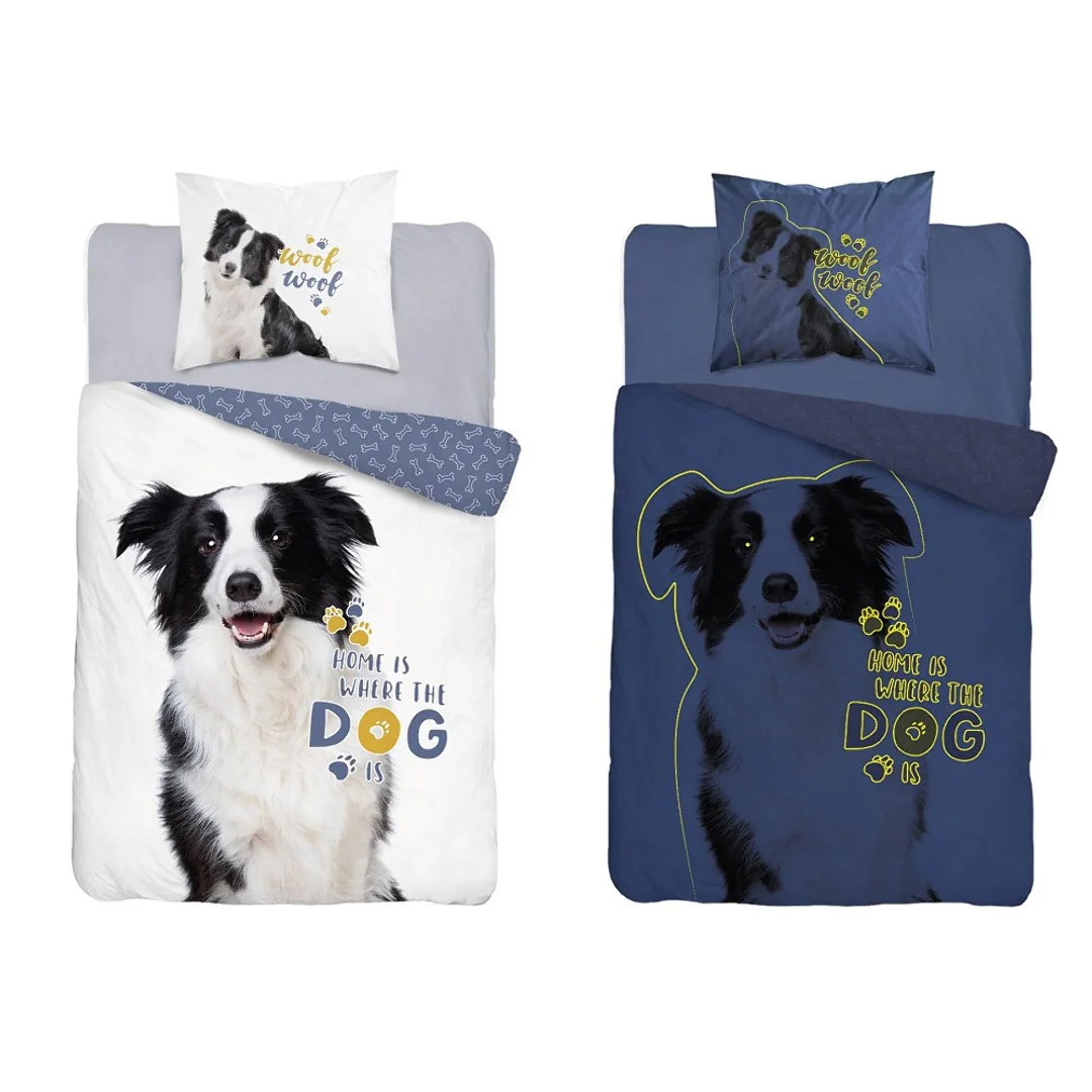 Pościel świecąca w ciemności 140x200 pies border collie 4088 A biała bawełniana Fluo 127