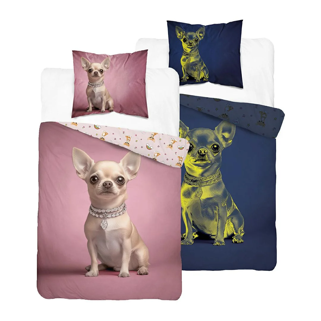 Pościel świecąca w ciemności 160x200 - 5845 A - różowa z pieskiem chihuahua - GlowDream