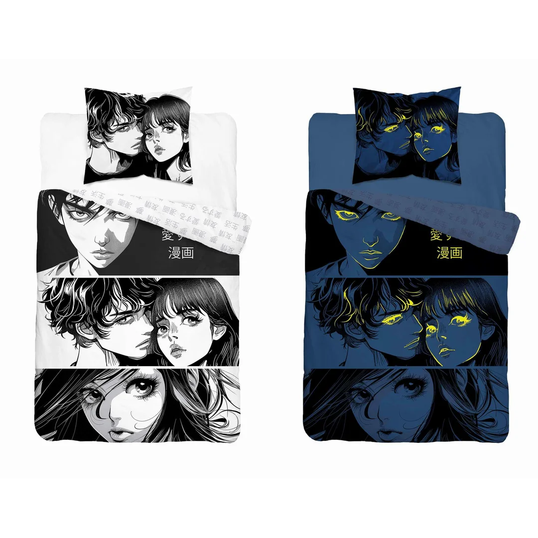 Pościel świecąca w ciemności 160x200 Anime Boy Girl czarna biała 5207 A Fluo 40