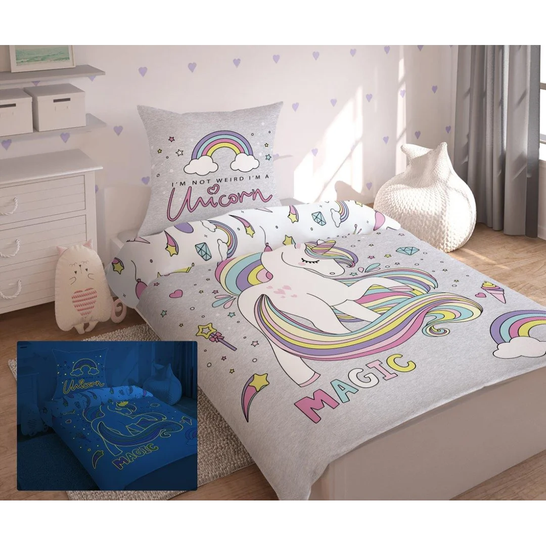 Pościel świecąca w ciemności 160x200 Jednorożec Unicorn 7452 magiczny konik kucyk szara 2917 A