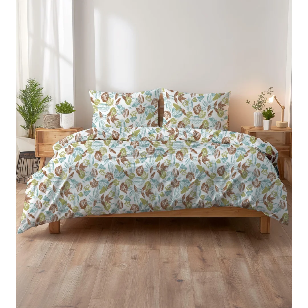 Pościel z kory 140x200 biała w liście zielone, niebieskie i brązowe KORA HOME