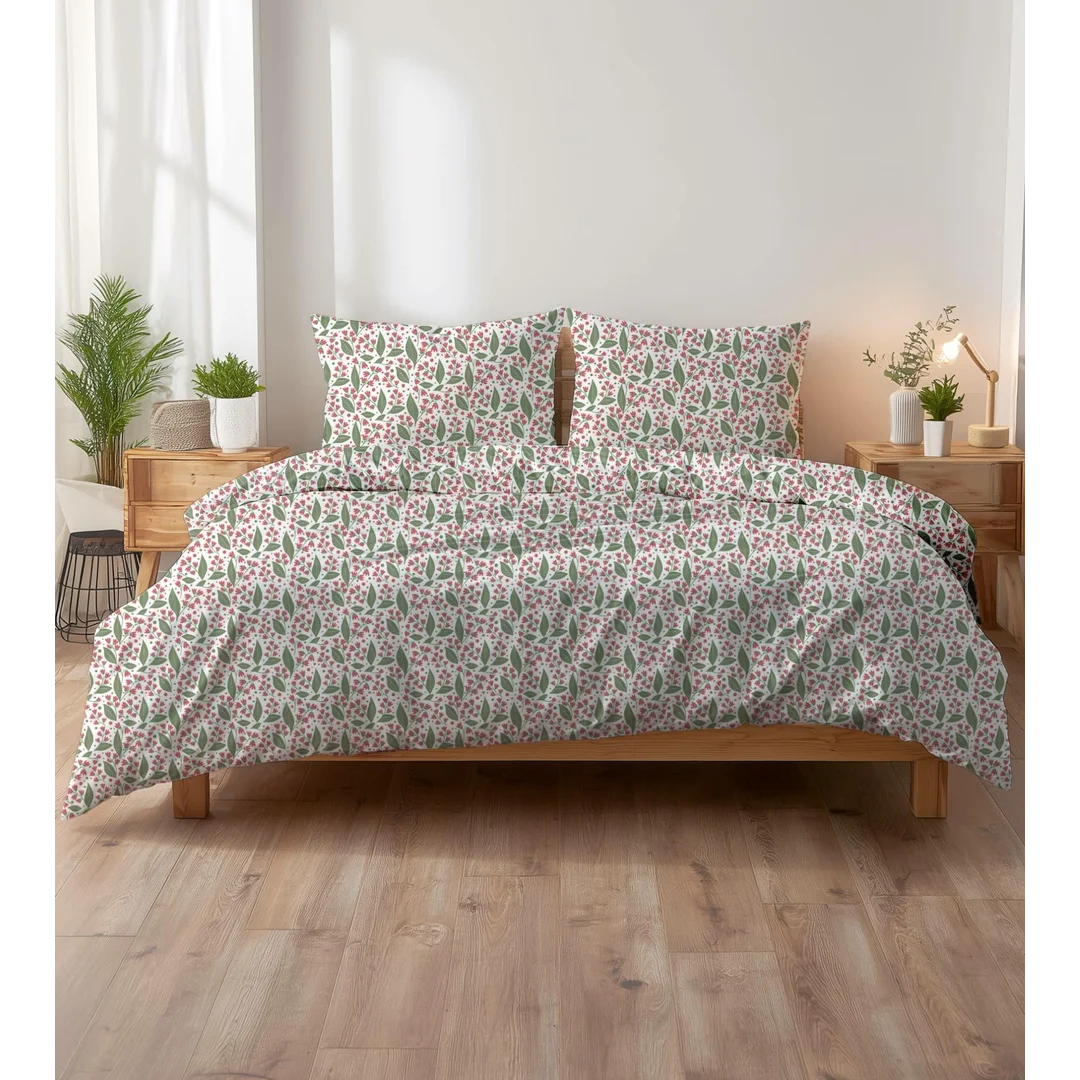 Pościel z kory 160x200 biała w zielone listki i czerwone kwiaty KORA HOME