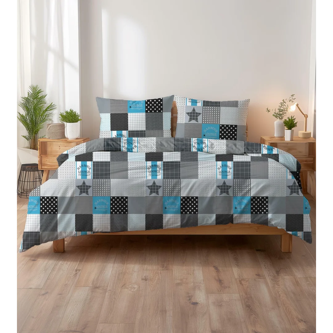 Pościel z kory 160x200 patchwork czarno-biało-szara z turkusowym akcentem w gwiazdy KORA HOME