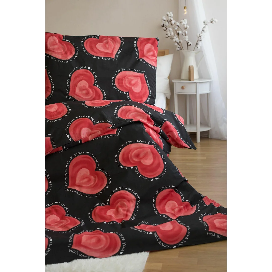 Pościel z mikrofibry 220x200 Valentine czarna czerwona serca poszewki 70x90 PB25