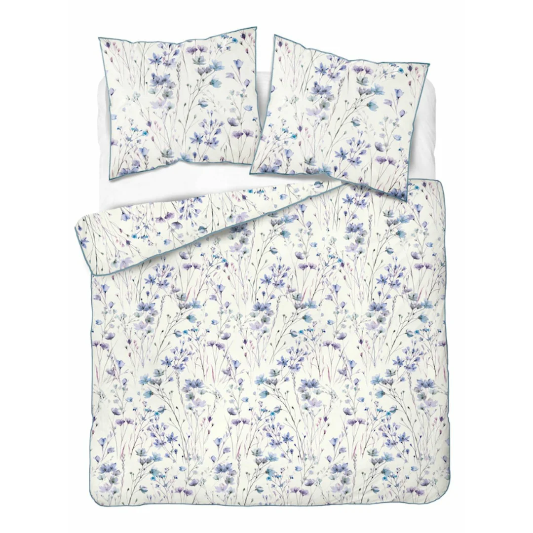 Pościel z perkalu 220x200 kremowa w niebiesko-fioletowe polne kwiaty - 5896 B - Soft Garden