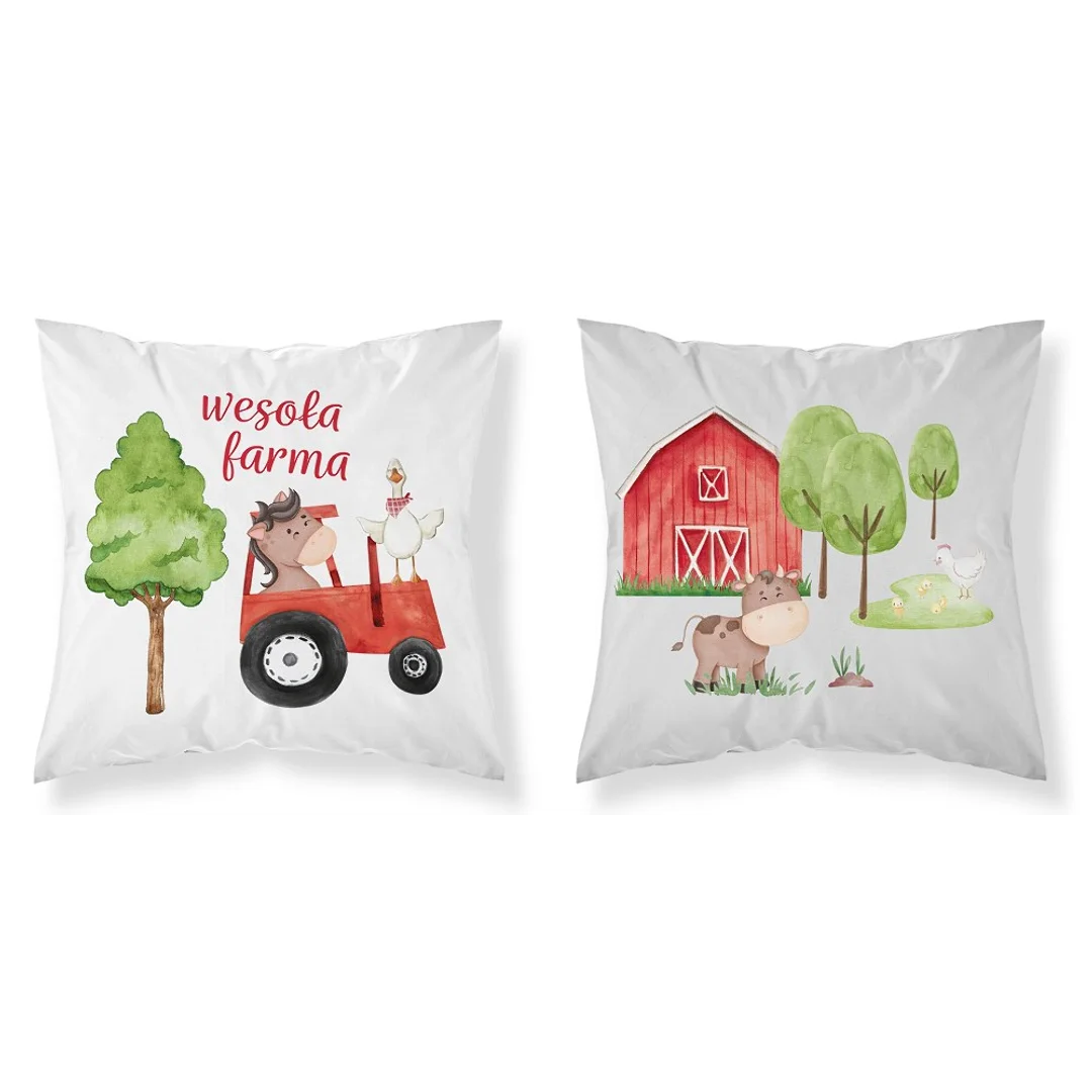 Poszewka bawełniana 40x40 Wesoła farma czarwony traktor biała szara dwustronna PSBA 04 A Mayamoo 26