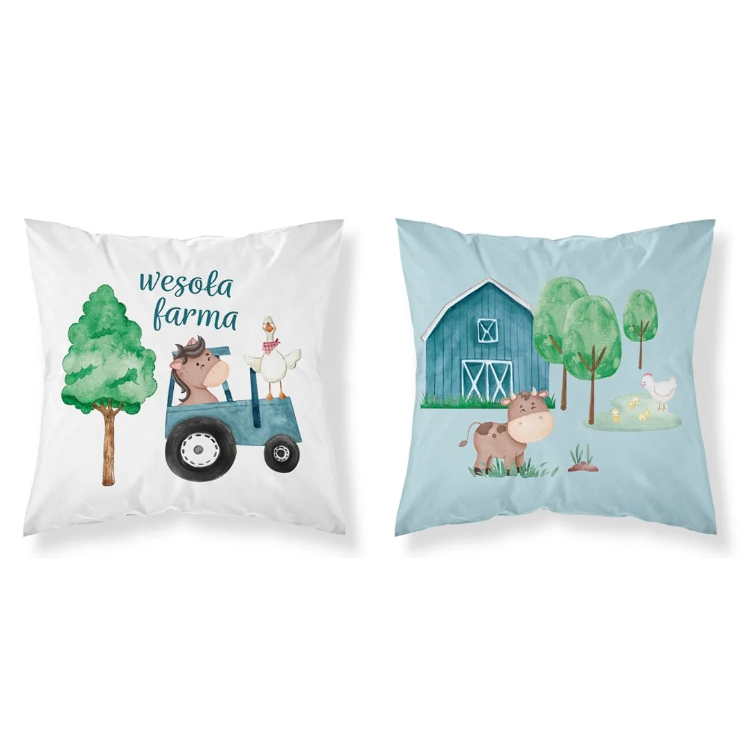 Poszewka bawełniana 40x40 Wesoła farma niebieski traktor biała niebieska dwustronna PSBA 04 B Mayamoo 26