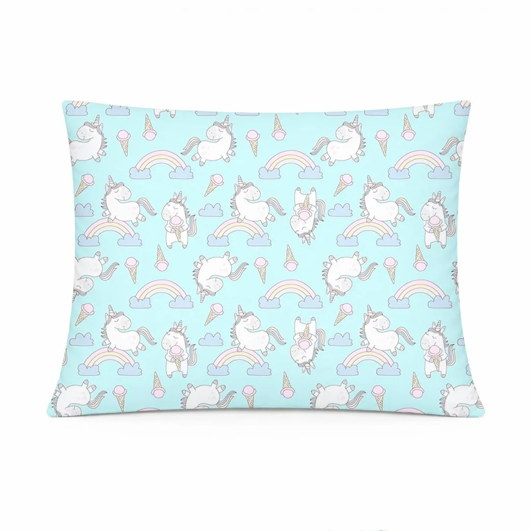 Poszewka bawełniana 40x60 miętowa w jednorożce i tęcze, wzór dziecięcy nowoczesny – COTTON HOME KIDS