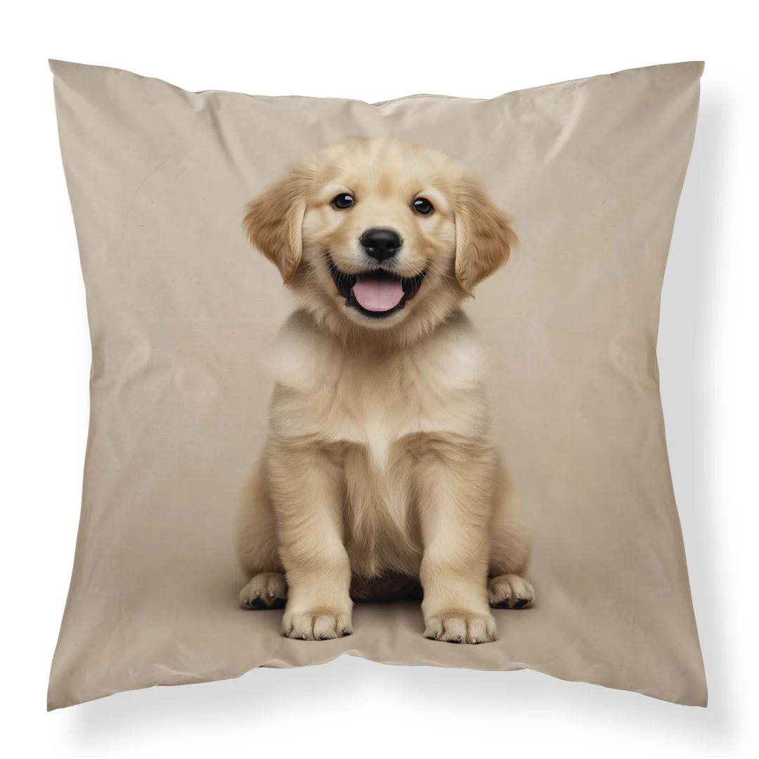 Poszewka dekoracyjna 40x40 beżowa ze szczeniakiem golden retrievera MF067 A – poszewka 3D z motywem zwierzęcym - Fun Dreams