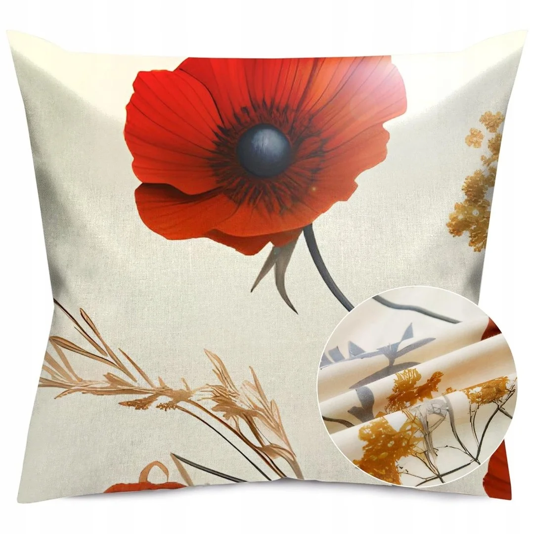 Poszewka satynowa 40x40 Maki czerwona kremowa 12412 SATYNLOVE PREMIUM