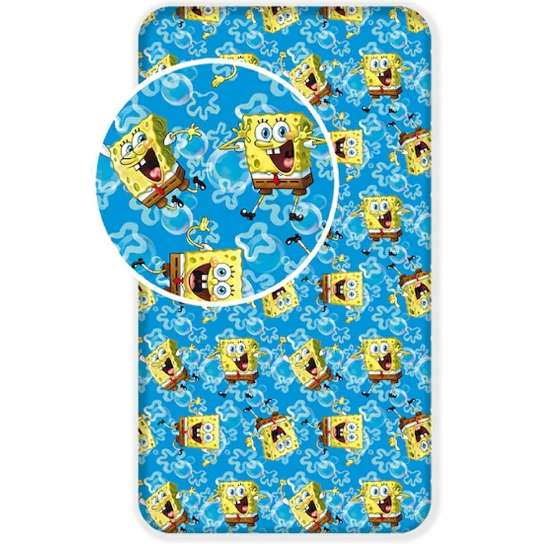 Prześcieradło bawełniane z gumką 90x200 Sponge Bob Kanciastoporty 0937 niebieskie gąbka SpongeBob