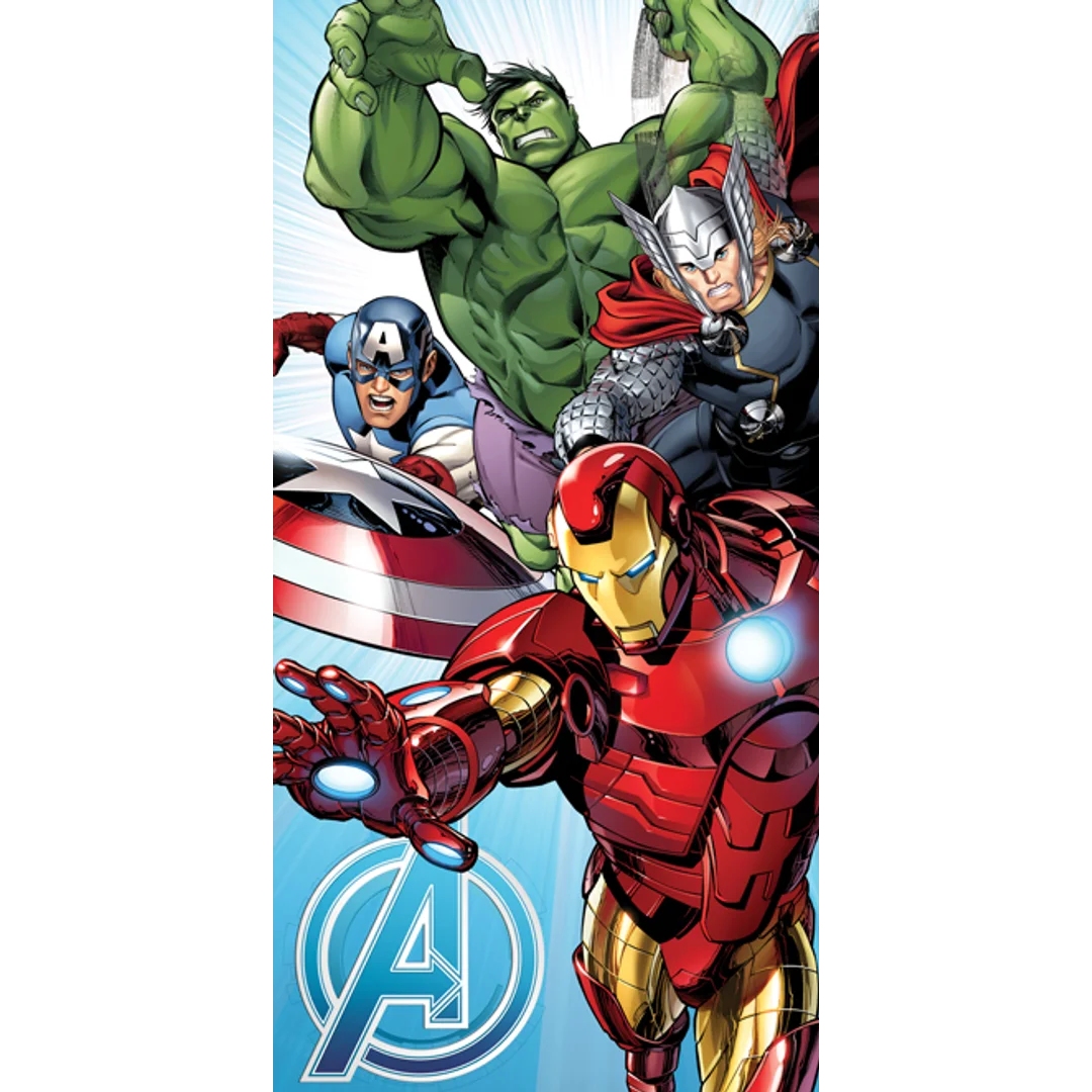 Ręcznik plażowy 70x140 Avengers light blue 6237 bawełniany Kapitan Ameryka Iron Man Hulk Bruce Banner Thor
