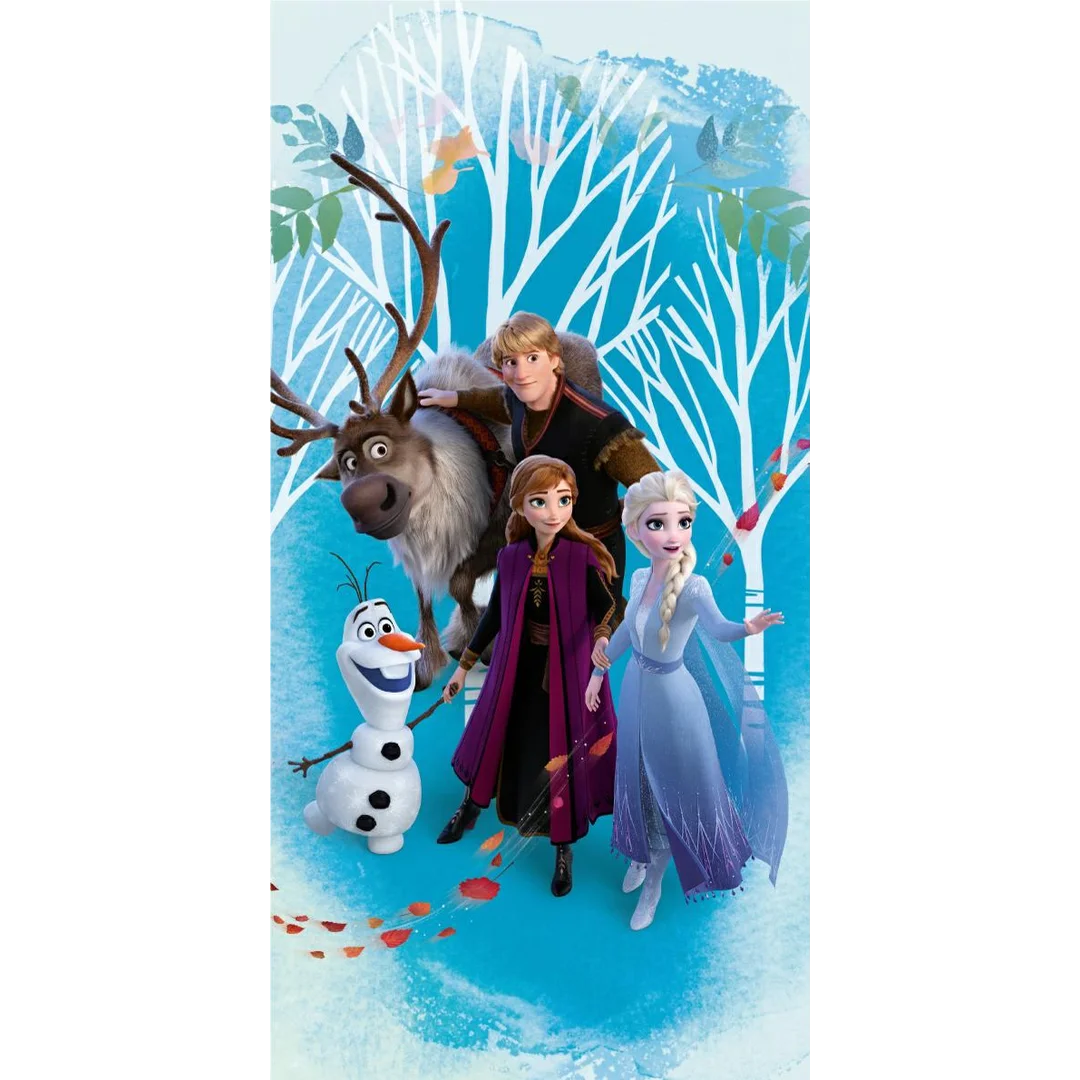 Ręcznik plażowy 70x140 Frozen 2924 Kraina Lodu Anna Elsa Kristoff Sven i Olaf las niebieski