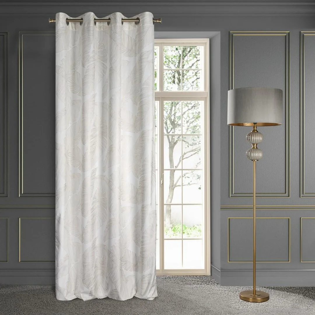 Zasłona 140x250 Luna 2A biała szampańska liście welurowa gotowa na przelotkach Limited Collection Eurofirany