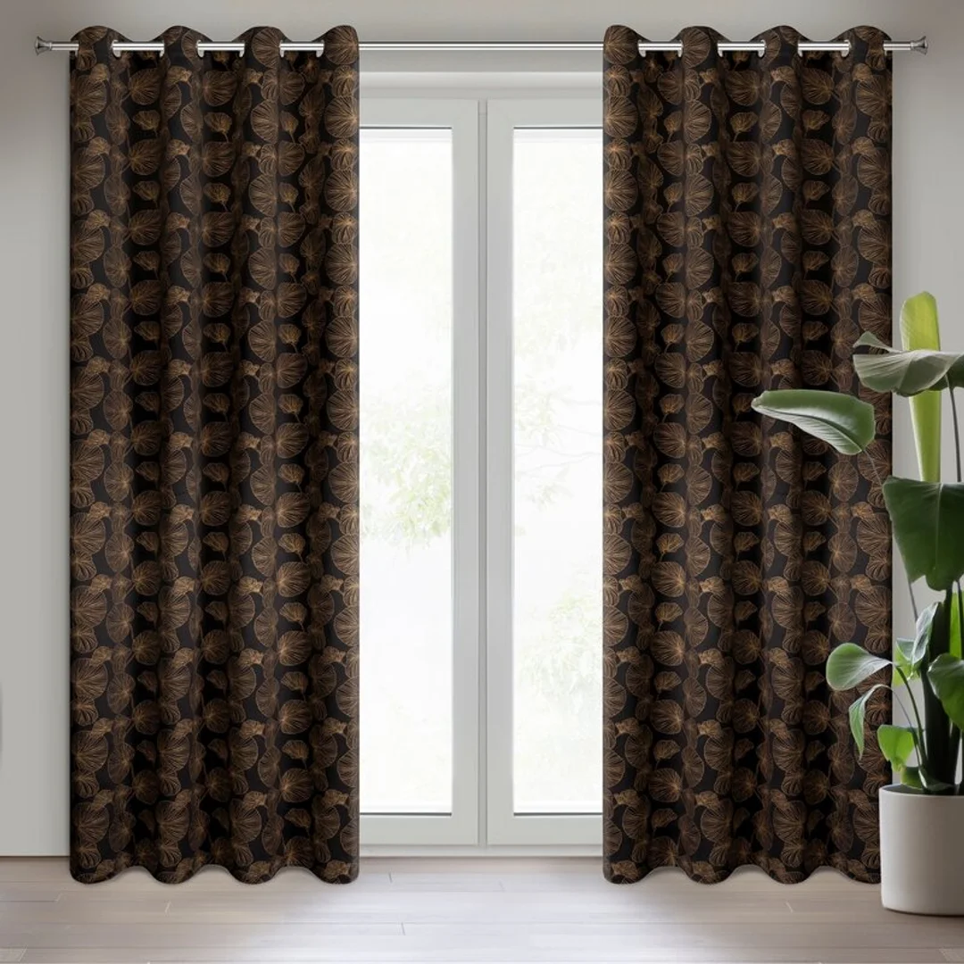 Zasłona 140x250 Marigold gotowa na przelotkach z tkaniny zaciemniającej z nadrukiem złotych liści lilii wodnych Eurofirany