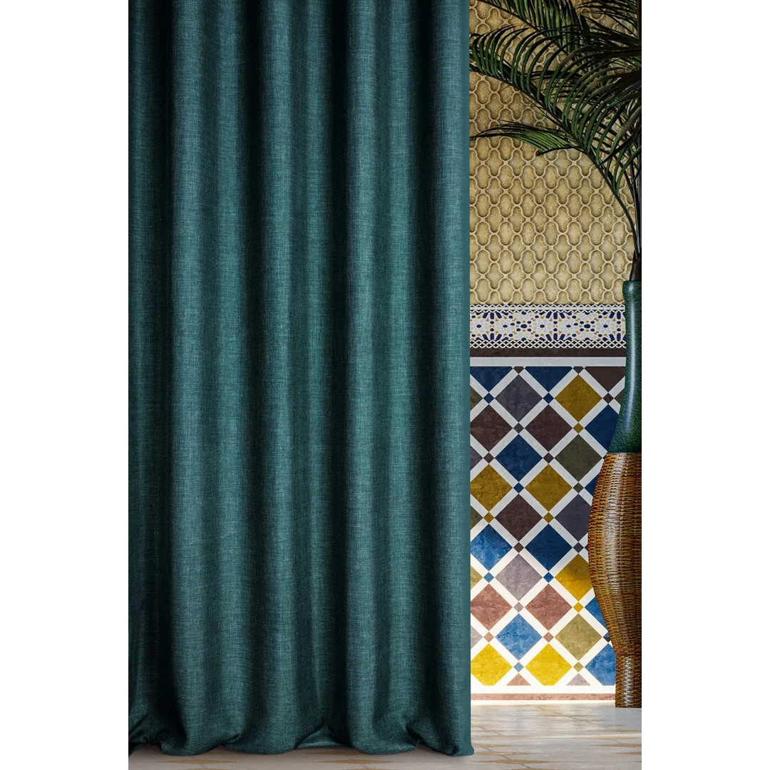 Zasłona 140x250 Morocco 3 turkusowa ciemna gotowa na przelotkach z tkaniny o płóciennym splocie Terra Collection Eurofirany