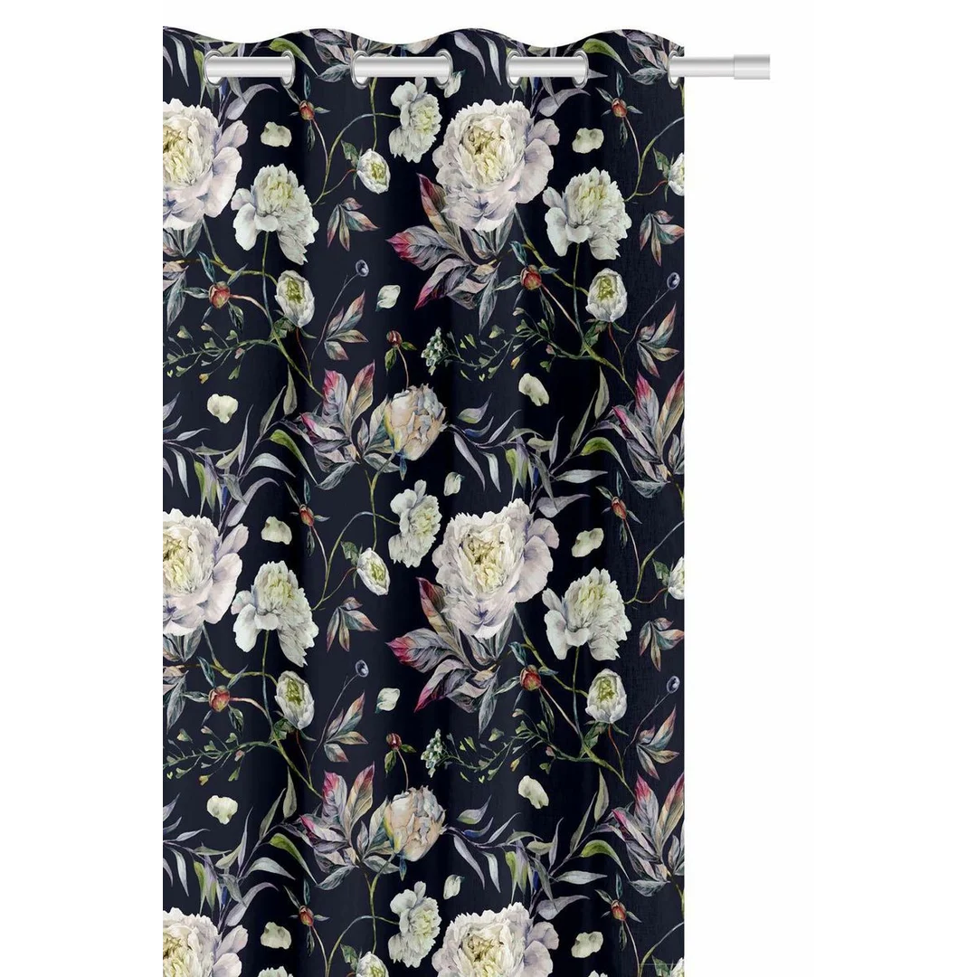 Zasłona Peony 140x250 peonie kwiaty czarna gotowa na przelotkach do salonu