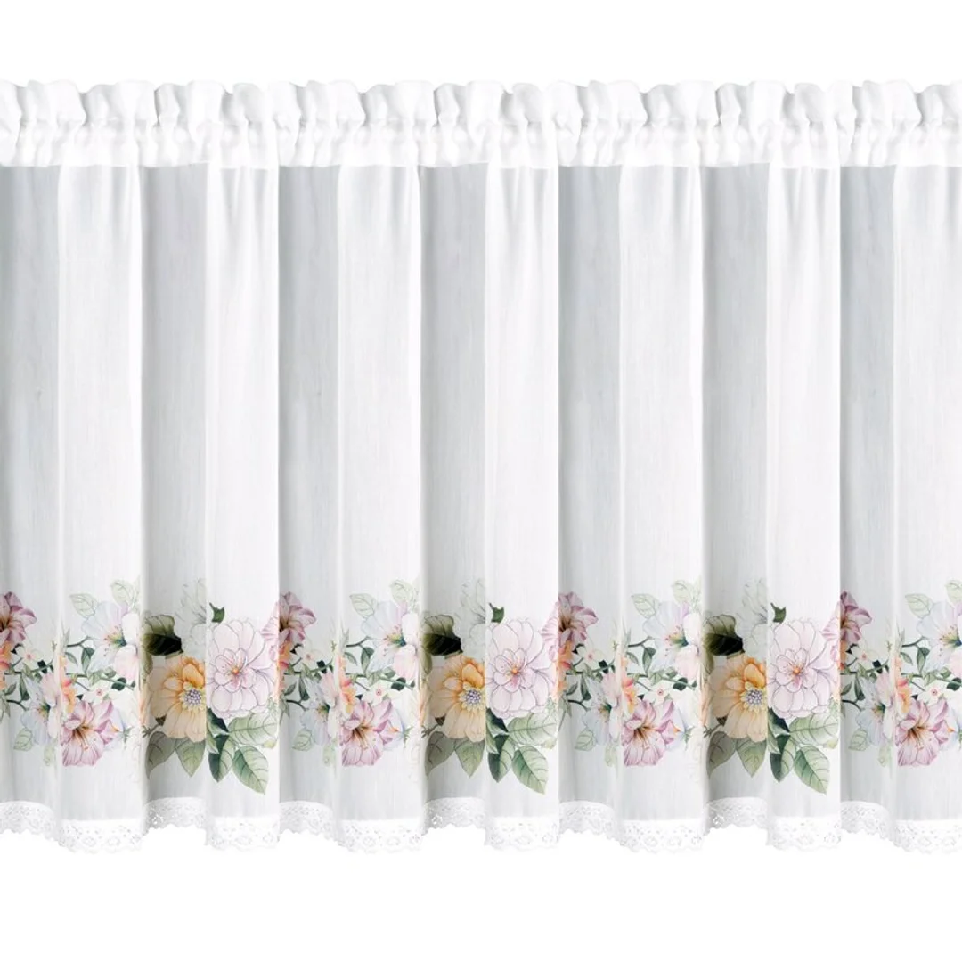 Zazdrostka 150x60 Flowery biała z nadrukiem roślinnym gotowa na taśmie Eurofirany