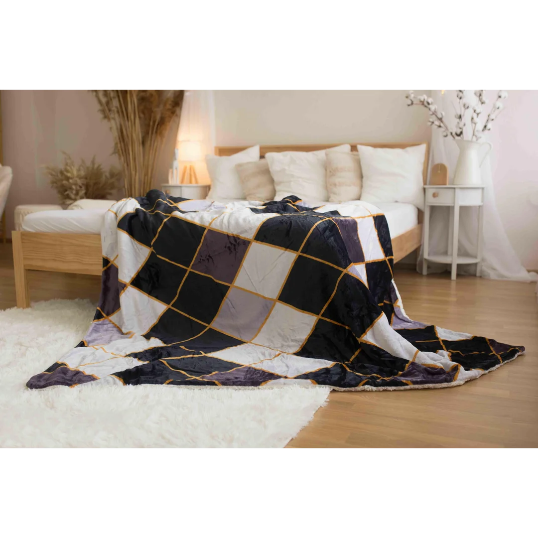 Koc Sherpa 150x200 szary czarny geometria z mikrofibry baranek SH25 — zdjęcie 3