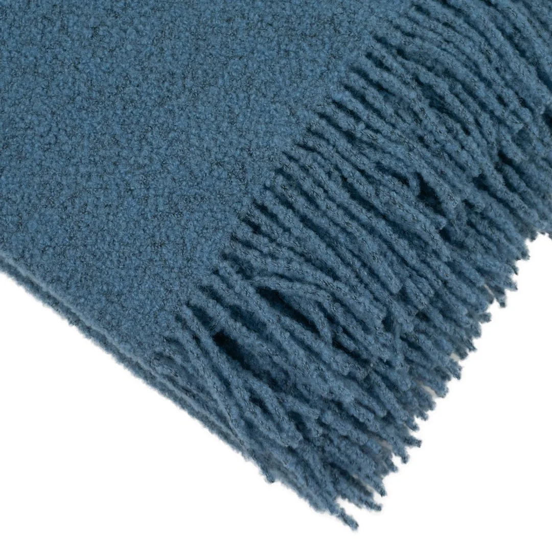 Koc wełniany merynos Buckle 140x200 niebieski denim z frędzlami — zdjęcie 2