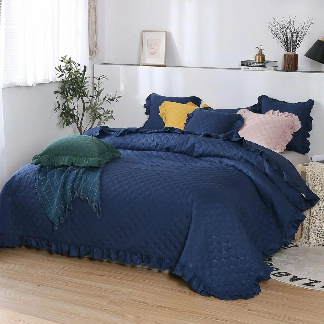 Narzuta z falbanką 160x220 Ruffy granatowa falbanka romby glamour dekoracyjna — zdjęcie 4
