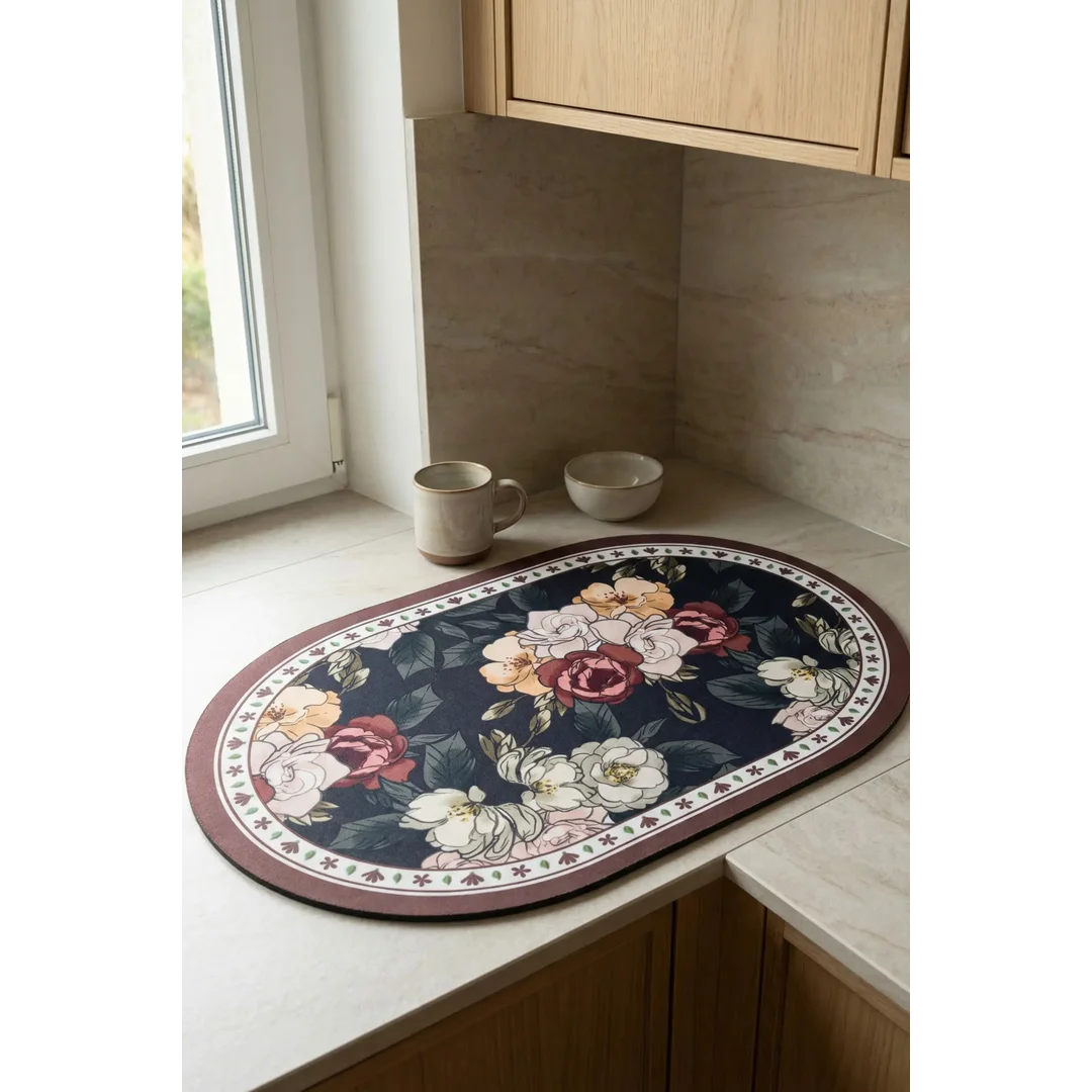 Podkładka na stół 30x45 Floral czarna zielona kwiaty owalna pod talerze — zdjęcie 2