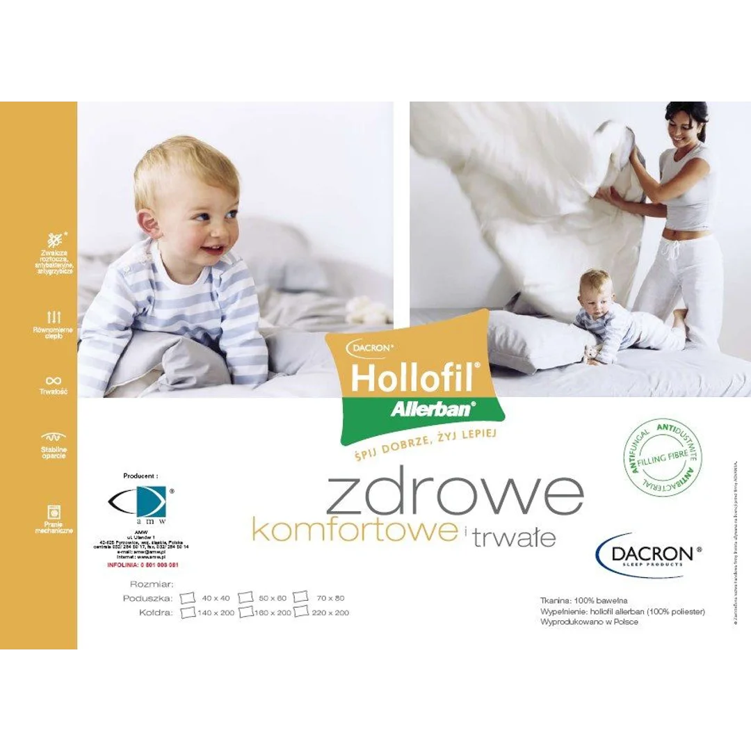 Poduszka antyalergiczna 40x40 Hollofil Allerban 0,21 kg biała ze środkiem przeciwdziałającym rozwojowi roztoczy grzybów i bakterii AMW — zdjęcie 2