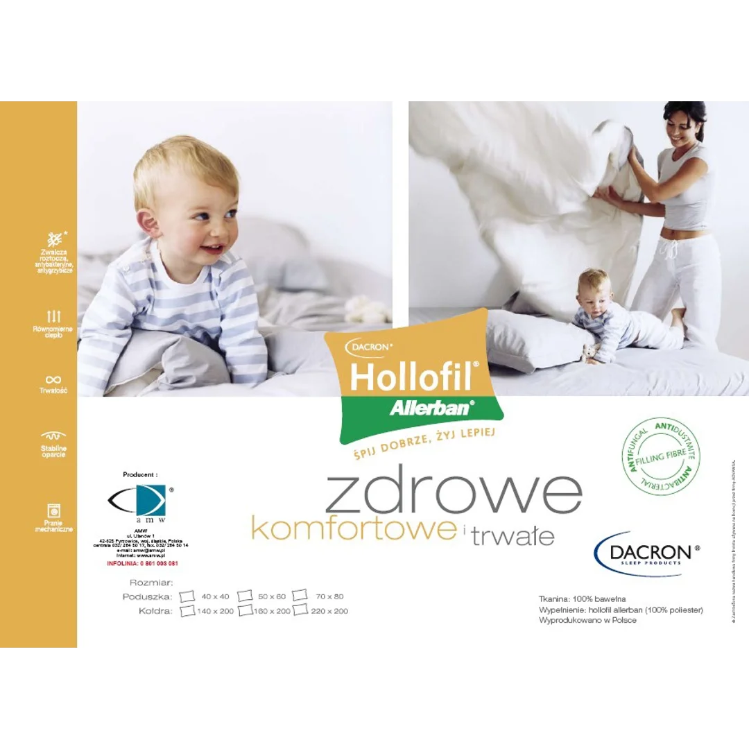 Poduszka antyalergiczna 70x80 Hollofil Allerban 0,83 kg biała ze środkiem przeciwdziałającym rozwojowi roztoczy grzybów i bakterii AMW — zdjęcie 2