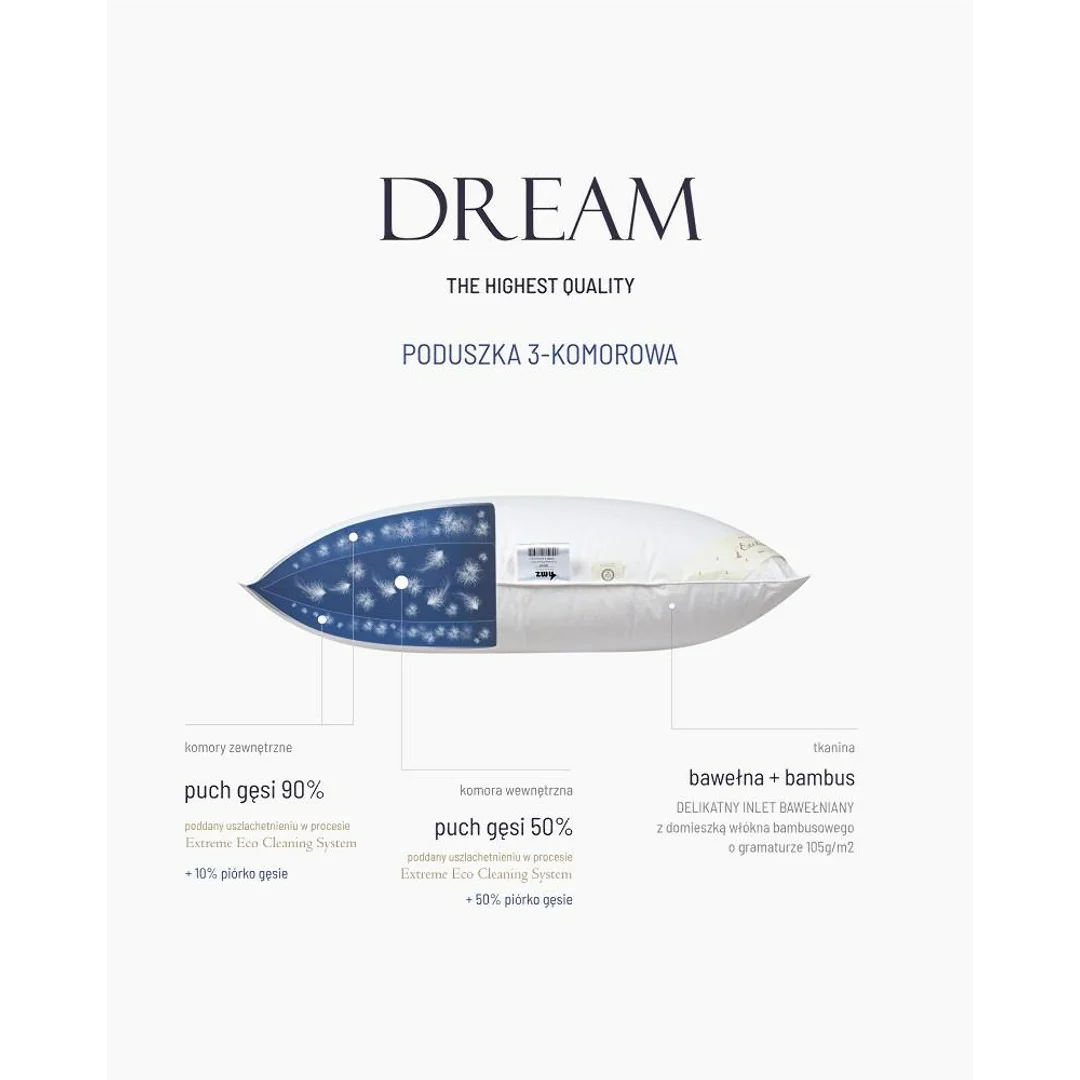 Poduszka puchowa 90% 70x80 Dream 3-komorowa 1000g + 160g biała AMZ — zdjęcie 2