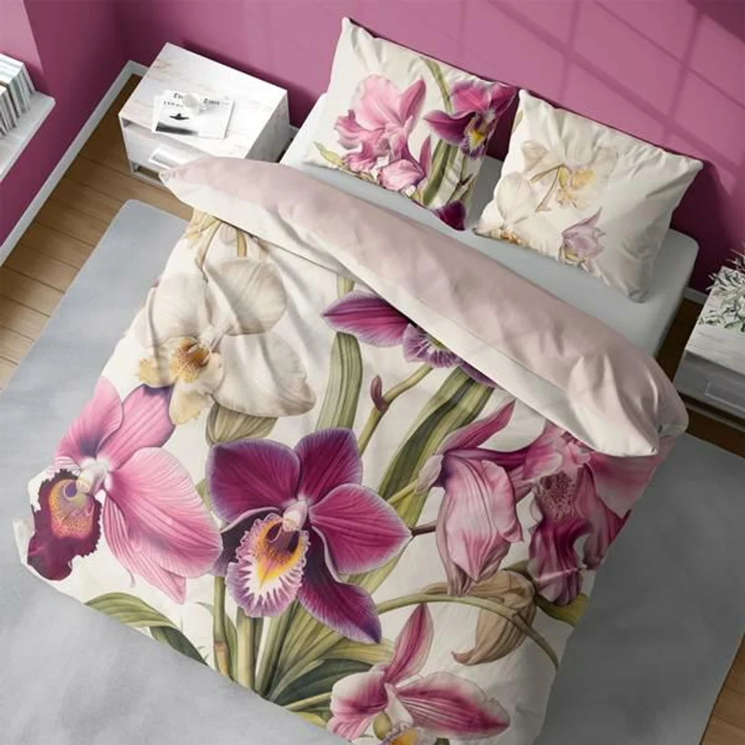 Pościel 3D z mikrofibry z egzotycznymi storczykami na kremowym tle – 220x200 cm – Visuale 3D – wzór 5427 A — zdjęcie 2