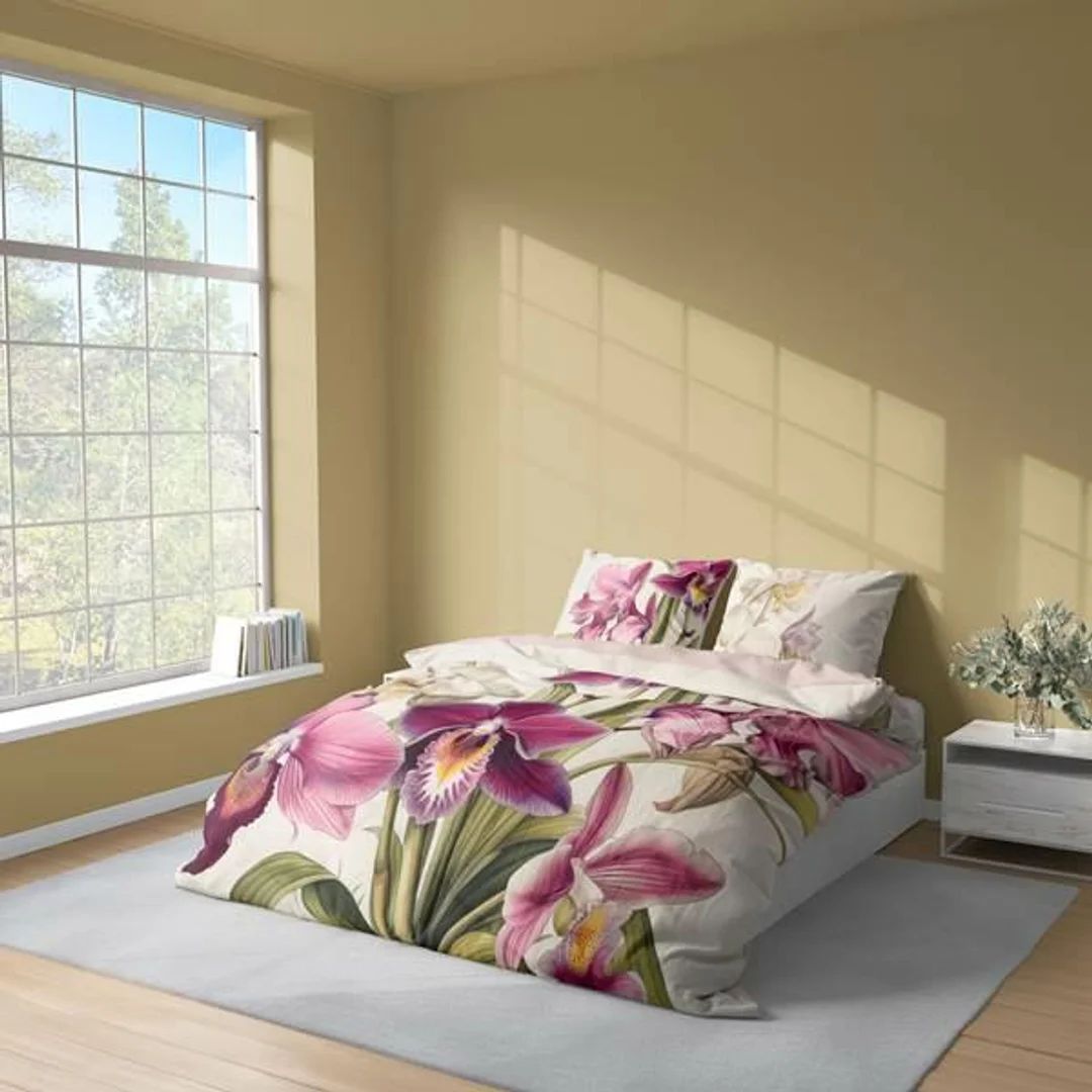 Pościel 3D z mikrofibry z egzotycznymi storczykami na kremowym tle – 220x200 cm – Visuale 3D – wzór 5427 A — zdjęcie 3