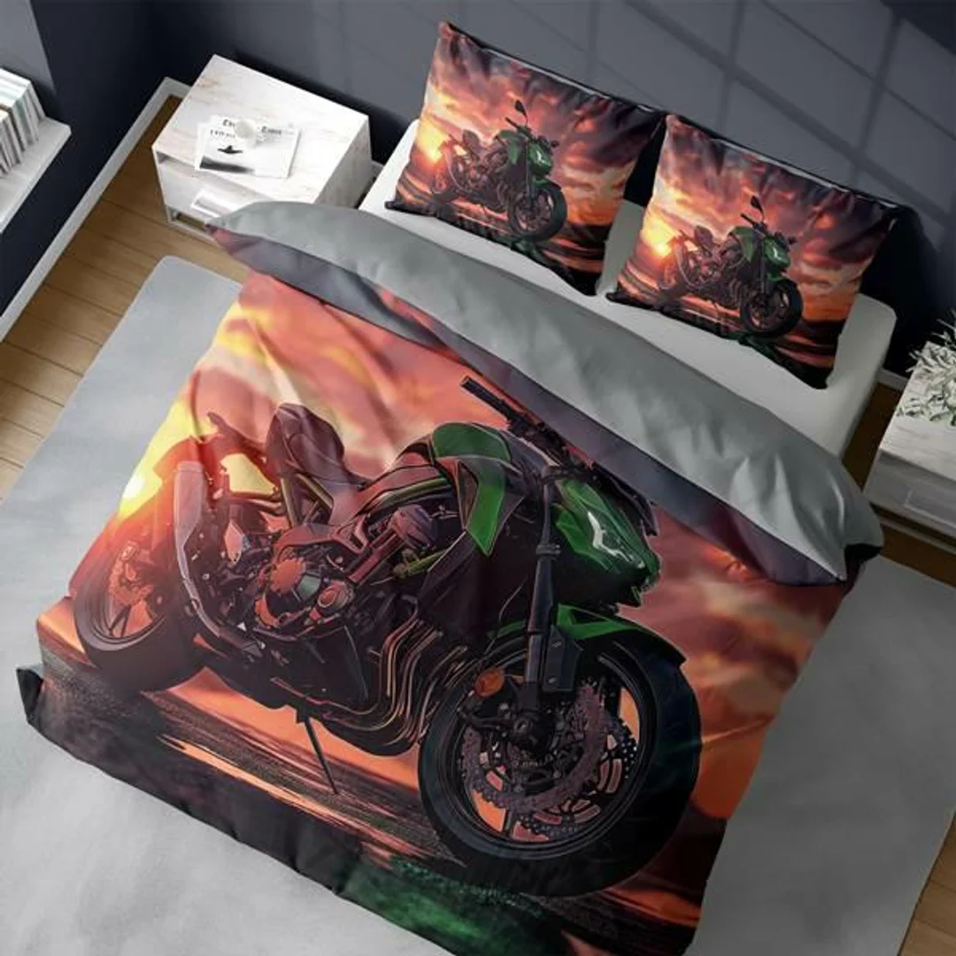 Pościel 3D z mikrofibry z motocyklem na tle zachodu słońca – 220x200 cm – Visuale 3D – wzór 5434 A — zdjęcie 2