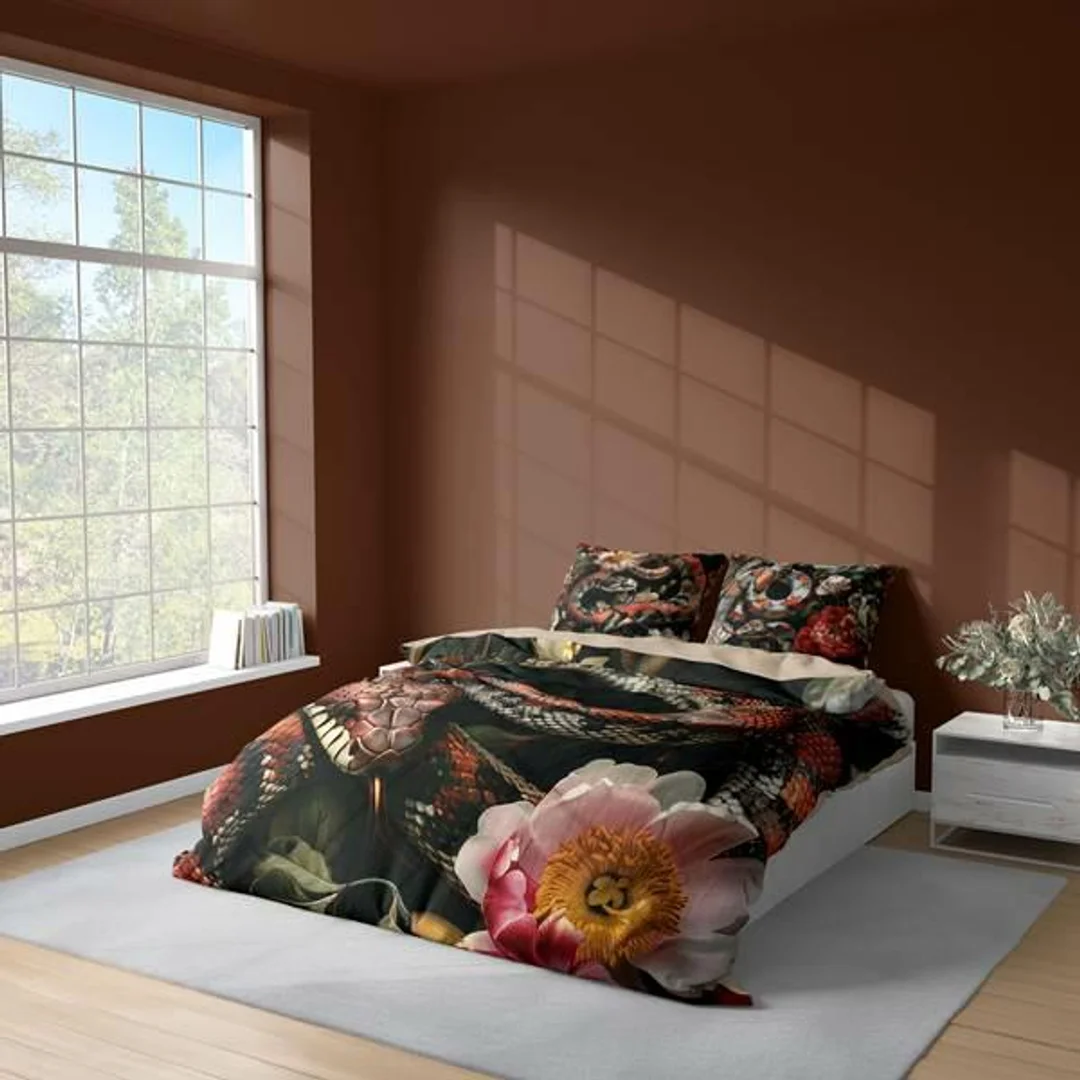 Pościel 3D z mikrofibry z realistycznym wężem i kwiatami – 160x200 cm – Visuale 3D – wzór 5304 A — zdjęcie 3