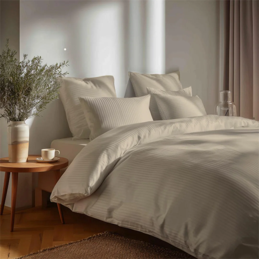Pościel adamaszkowa 140x200 beżowa piaskowa jednobarwna paski 1 cm Pure — zdjęcie 4