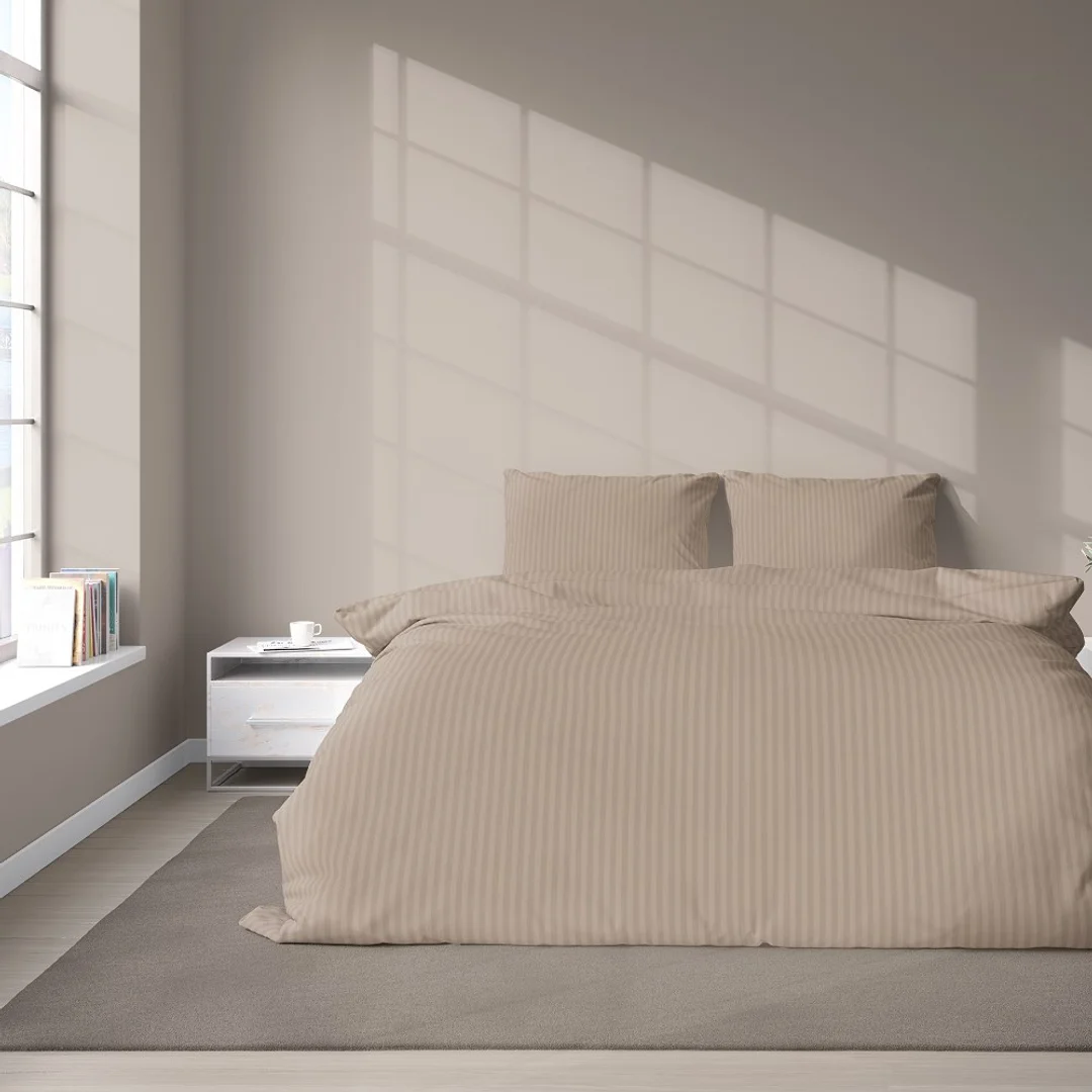 Pościel adamaszkowa 140x200 taupe beżowa ciemna jednobarwna paski 1 cm Pure — zdjęcie 2