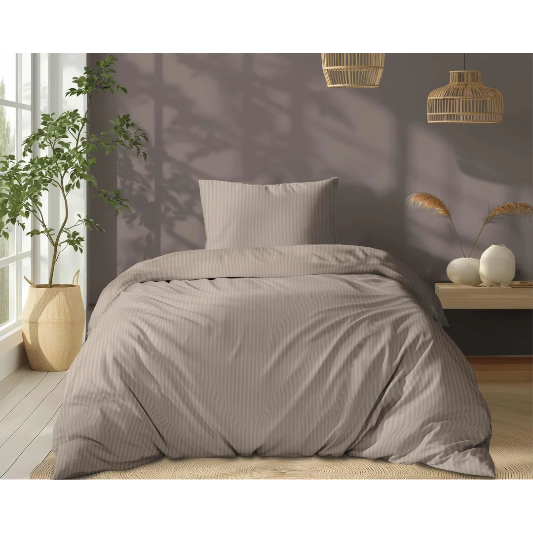 Pościel adamaszkowa 140x200 taupe beżowa ciemna jednobarwna paski 1 cm Pure — zdjęcie 5