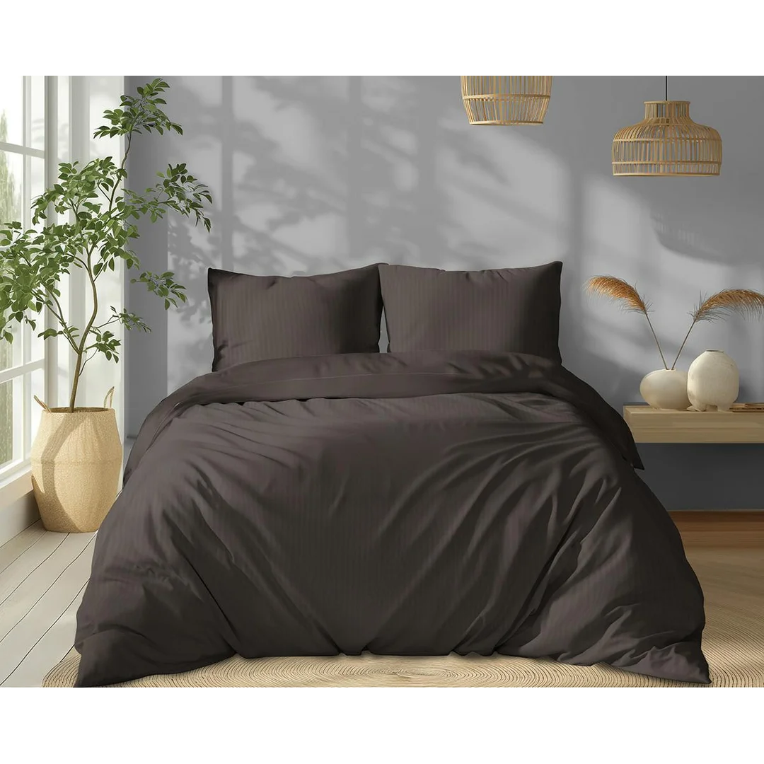Pościel adamaszkowa 160x200 brązowa mocha jednobarwna paski 1 cm Pure — zdjęcie 2