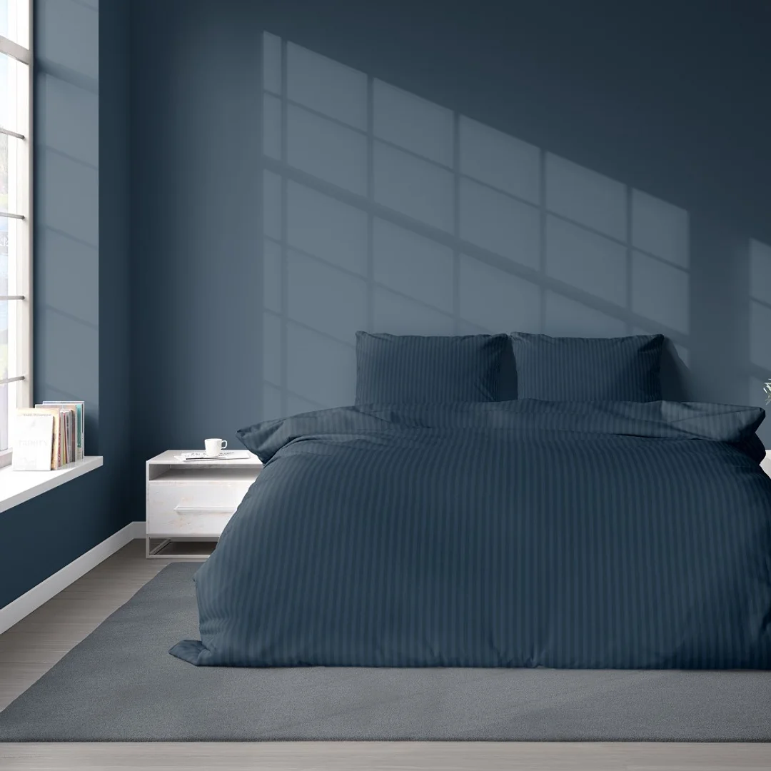 Pościel adamaszkowa 160x200 denim granatowa jednobarwna paski 1 cm Pure — zdjęcie 2