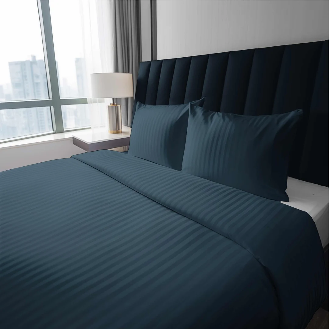 Pościel adamaszkowa 160x200 denim granatowa jednobarwna paski 1 cm Pure — zdjęcie 5